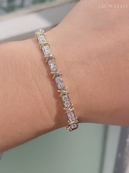 Round Diamond Link Bracelet, X Wrap Design, Solid Gold, Lab Grown or Moissanite
