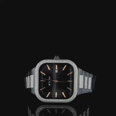 Titan Black Square Dial Diamond Watch – Luxury Men’s Timepiece with Crystal-Studded Bezel & Bracelet