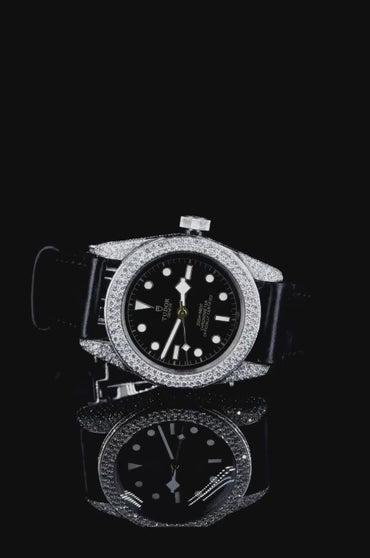 "Tudor Style Luxury Diamond Bezel Watch – Black Dial Iced Out Men’s Timepiece with Leather Strap"