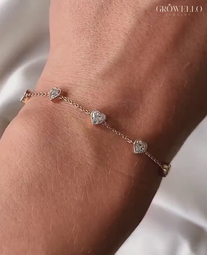 5mm Heart Cut Diamond Bracelet, Five Stone Solid Gold Bracelet, Lab Grown or Moissanite
