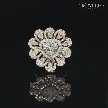 2 CT Heart Diamond Halo Floral Cluster Engagement Ring, Solid Gold, Lab Grown Diamond or Moissanite