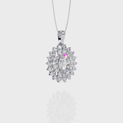 Oval Sunburst Halo Pendant Necklace – Double Halo Cluster – Lab-Grown Diamond or Moissanite, Vintage-Inspired Sparkle Gift for Her