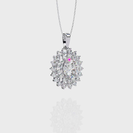 Oval Sunburst Halo Pendant Necklace – Double Halo Cluster – Lab-Grown Diamond or Moissanite, Vintage-Inspired Sparkle Gift for Her