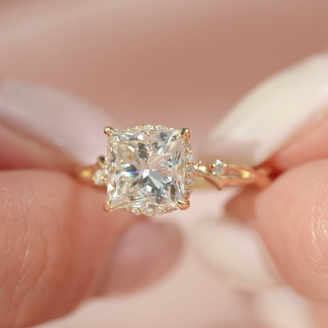 2 CT Princess Cut Moissanite Engagement Ring Princess Halo Twig Lab Grown Diamond Ring Unique Nature Inspired Ring 14K Solid Gold Ring.