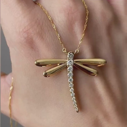 Dragonfly Pendant Necklace in 14K Gold – Moissanite or Lab-Grown Diamond | Dainty Nature-Inspired Insect Jewelry