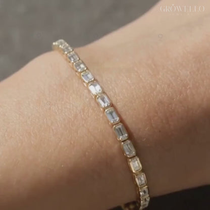 Emerald Cut Bezel Set Tennis Bracelet, Minimal Solid Gold, Lab Grown Diamond or Moissanite