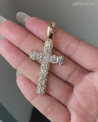 Round Diamond Cross Pendant, Bold Solid Gold Charm, Lab Grown Diamond or Moissanite