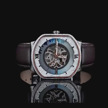 "Luxury Skeleton Dial Watch – Diamond Bezel | Roman Numeral Iced-Out Mechanical Watch for Men"
