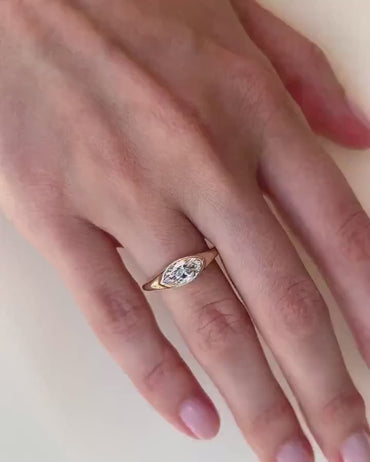 East West 1.5 CT Marquise Cut Moissanite Engagement Ring 14K Solid Gold Lab Grown Diamond Ring Bezel Set Ring  Solitaire Ring Promise Ring.