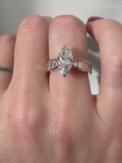 3 CT Marquise Baguette Engagement Ring, Tapered Band, Solid Gold, Lab Grown Diamond or Moissanite