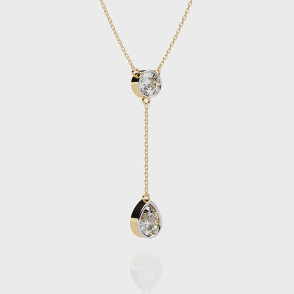 Dainty Diamond Lariat Necklace – Bezel-Set Round & Pear Drop on Station Chain, Minimal Y-Neck Pendant for Everyday & Bridal Gift