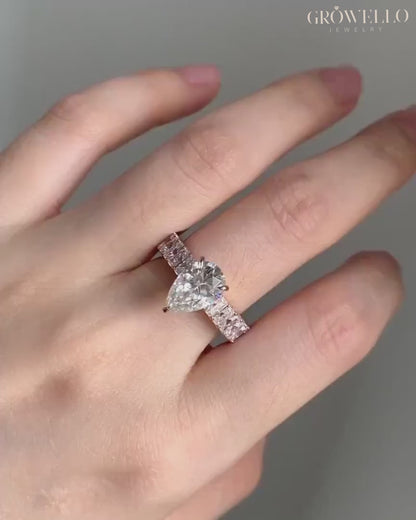 2 CT Pear Cut Engagement Ring, Baguette Eternity Band, Solid Gold, Lab Grown Diamond or Moissanite