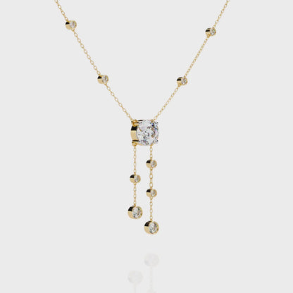 Dainty Y Lariat Necklace with Round SolitaireDangling Bezel Drops — Station Diamond Chain, Minimalist Layering, Gift for Her — Sparkle
