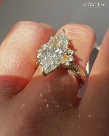 5 CT Marquise Vintage Engraved Engagement Ring, Antique Style, IGI Lab Diamond or Moissanite