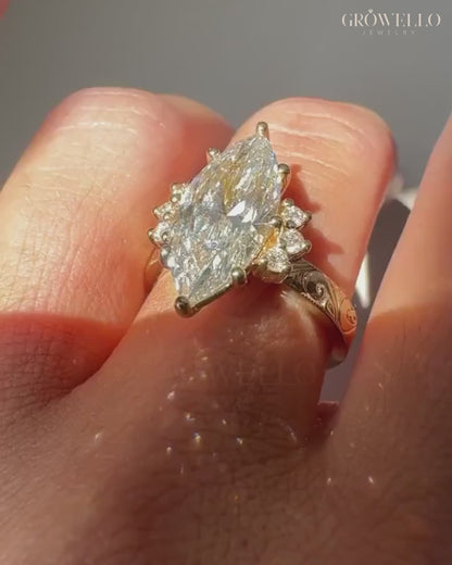 5 CT Marquise Vintage Engraved Engagement Ring, Antique Style, IGI Lab Diamond or Moissanite