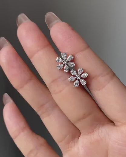 Floral Pear Cluster Studs • Round Center • Solid Gold • Lab Diamond or Moissanite Diamond