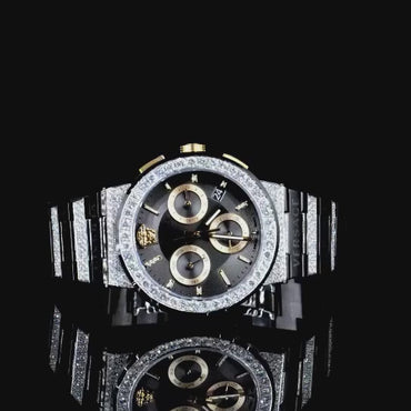 Luxury Chronograph Iced-Out Watch – Black & Gold Dial | Diamond Bezel Versace Style Men's Watch