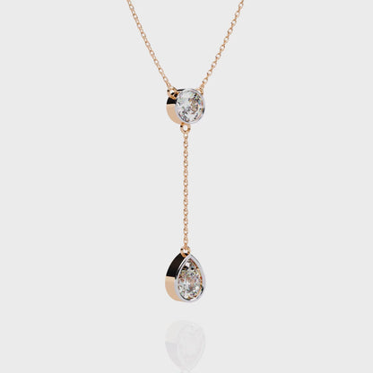 Dainty Diamond Lariat Necklace – Bezel-Set Round & Pear Drop on Station Chain, Minimal Y-Neck Pendant for Everyday & Bridal Gift