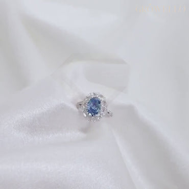 3 CT Blue Oval Halo Engagement Ring, Marquise Floral Cluster, Split Pavé Band, IGI Lab Grown Diamond or Moissanite