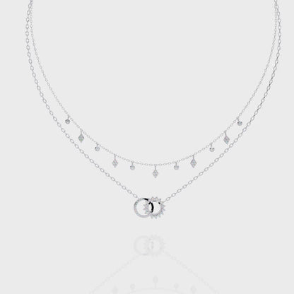 Sun & Moon Double-Layer Necklace | Interlocking Rings Pendant with Kite & Bezel Drop Stations | Lab-Grown Diamond/Moissanite | Solid Gold/Platinum