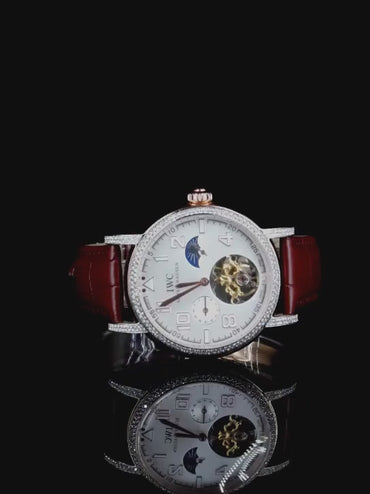 "IWC Style Diamond Bezel Automatic Watch with Skeleton Dial & Red Leather Strap – Luxury Timepiece for Men"