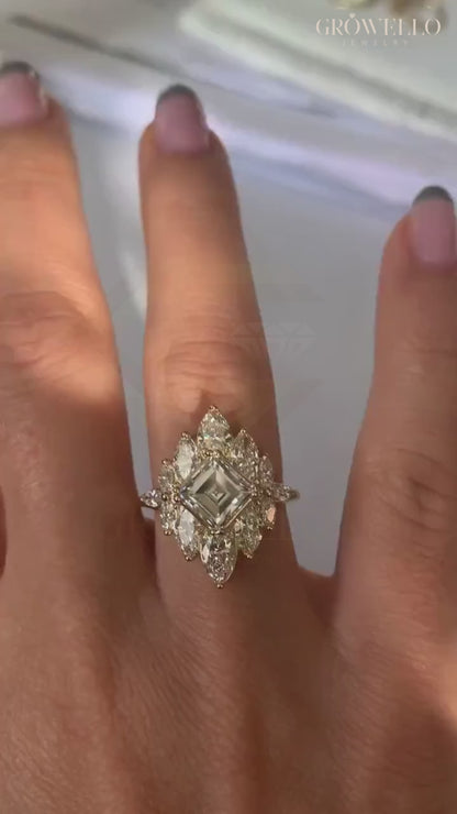 3CT Asscher Halo Engagement Ring, Vintage Marquise Cluster, Solid Gold, Lab Grown Diamond or Moissanite