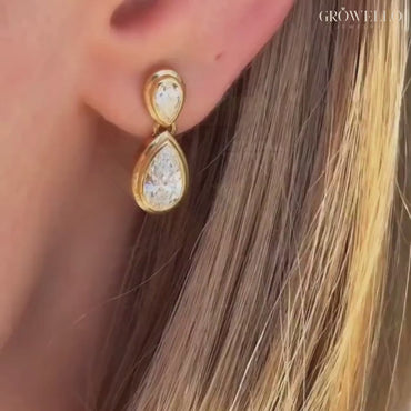 Pear Cut Bezel Drop Earrings, Luxury Dangle, Solid Gold, IGI Lab Grown Diamond or Moissanite