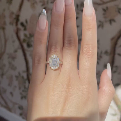 Art Deco Emerald Cut Moissanite Wedding Ring Baguette and Round Cut Engagement Ring Vintage Style Emerald Mosaic Ring Lab Grown Diamond Ring