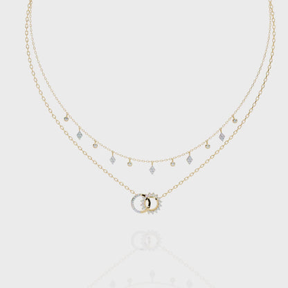 Sun & Moon Double-Layer Necklace | Interlocking Rings Pendant with Kite & Bezel Drop Stations | Lab-Grown Diamond/Moissanite | Solid Gold/Platinum